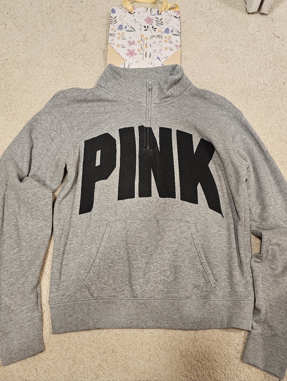 PINK Grey Quarter-Zip Pullover with Black Logo